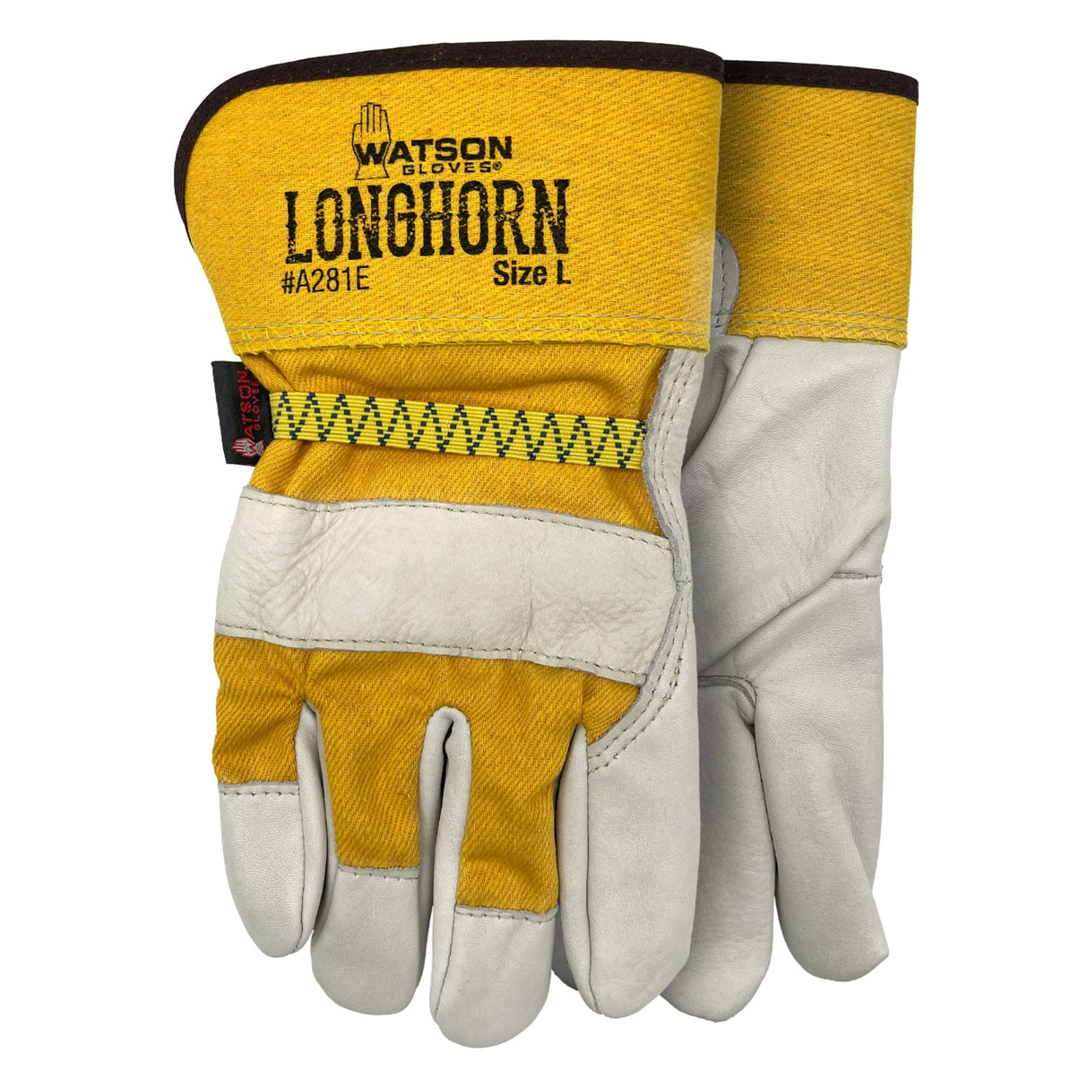 A close-up view of Watson Work Gloves A281E Longhorn Cowhide Leather Combo on a white background