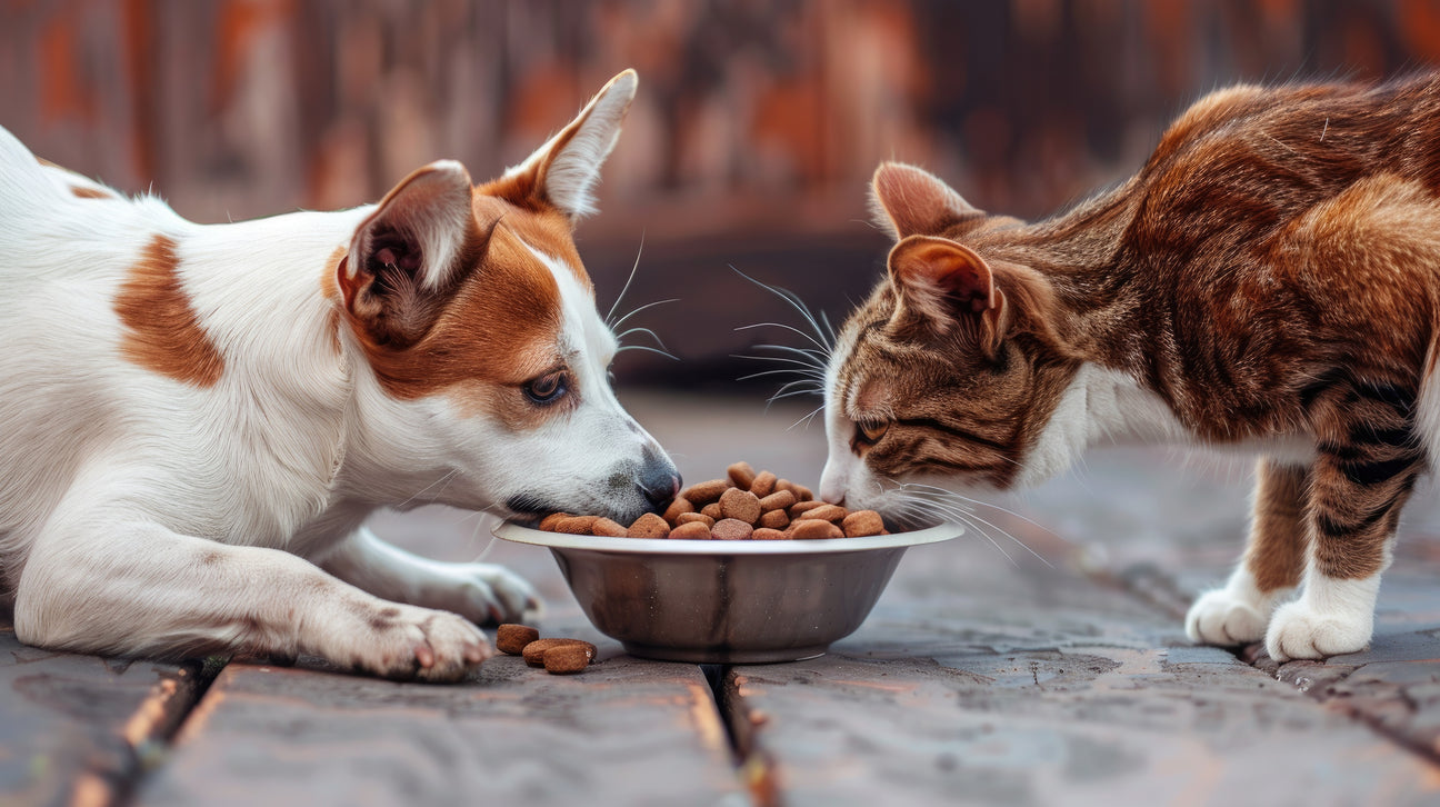 a brown cat and a small dog sharing a bowl of kibble