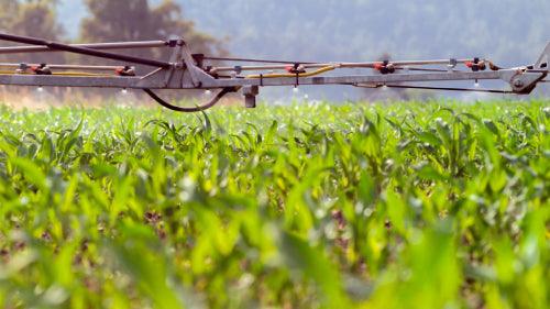 a crop sprayer spreads pesticide on a farmer's field 