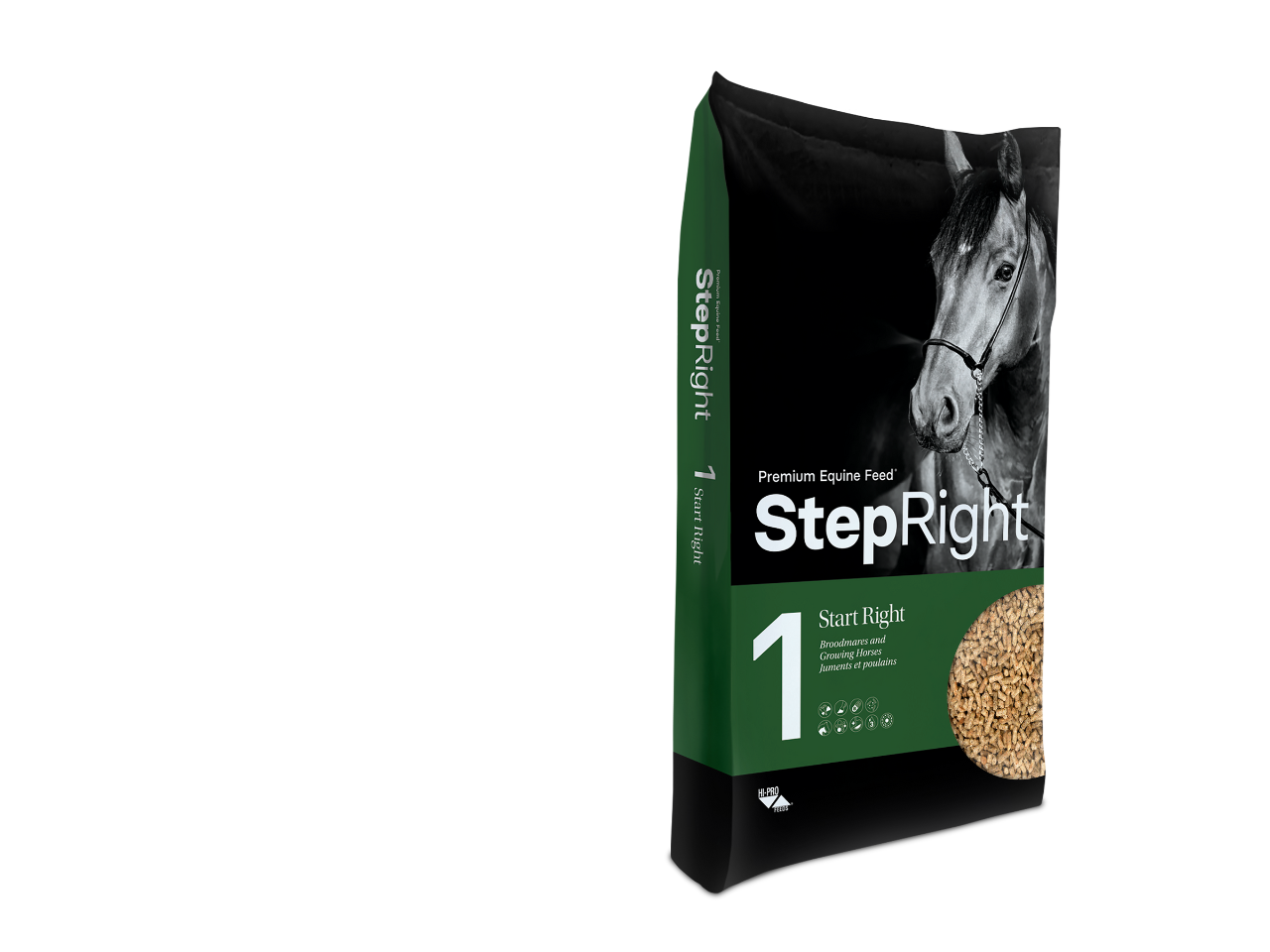 A black and green bag of Step Right horse feed featuring a picture of a horse