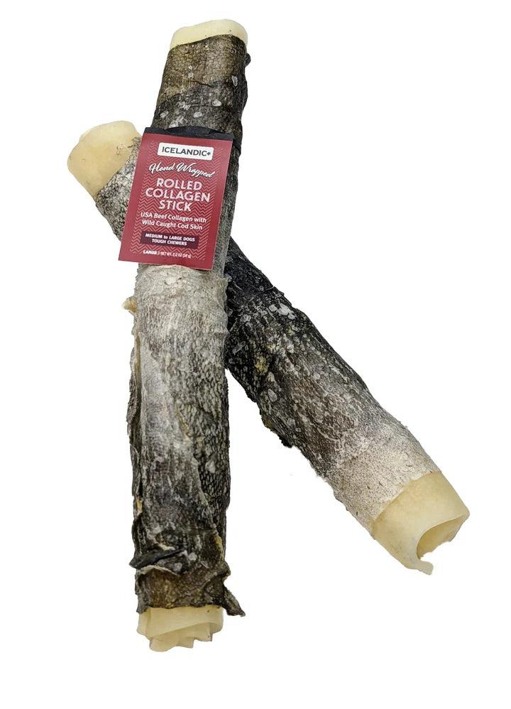 Icelandic+ Rolled Beef Collagen Sticks with Cod Skin 8"