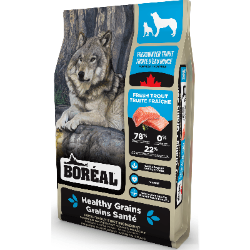 a bag or Boreal dog food with a picture of a wolf on the front