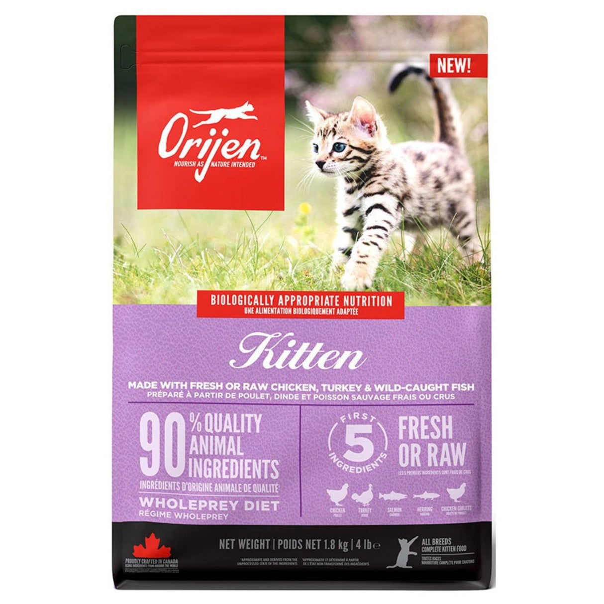 Front view of Orijen Grain Free 1.8kg Kitten Food on a white background