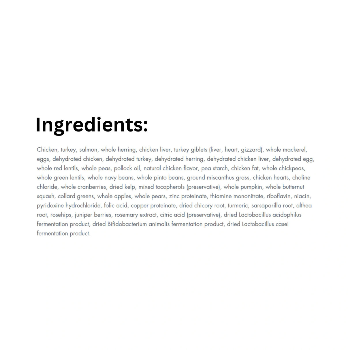 Full ingredients list of Orijen Grain Free 1.8kg Kitten Food