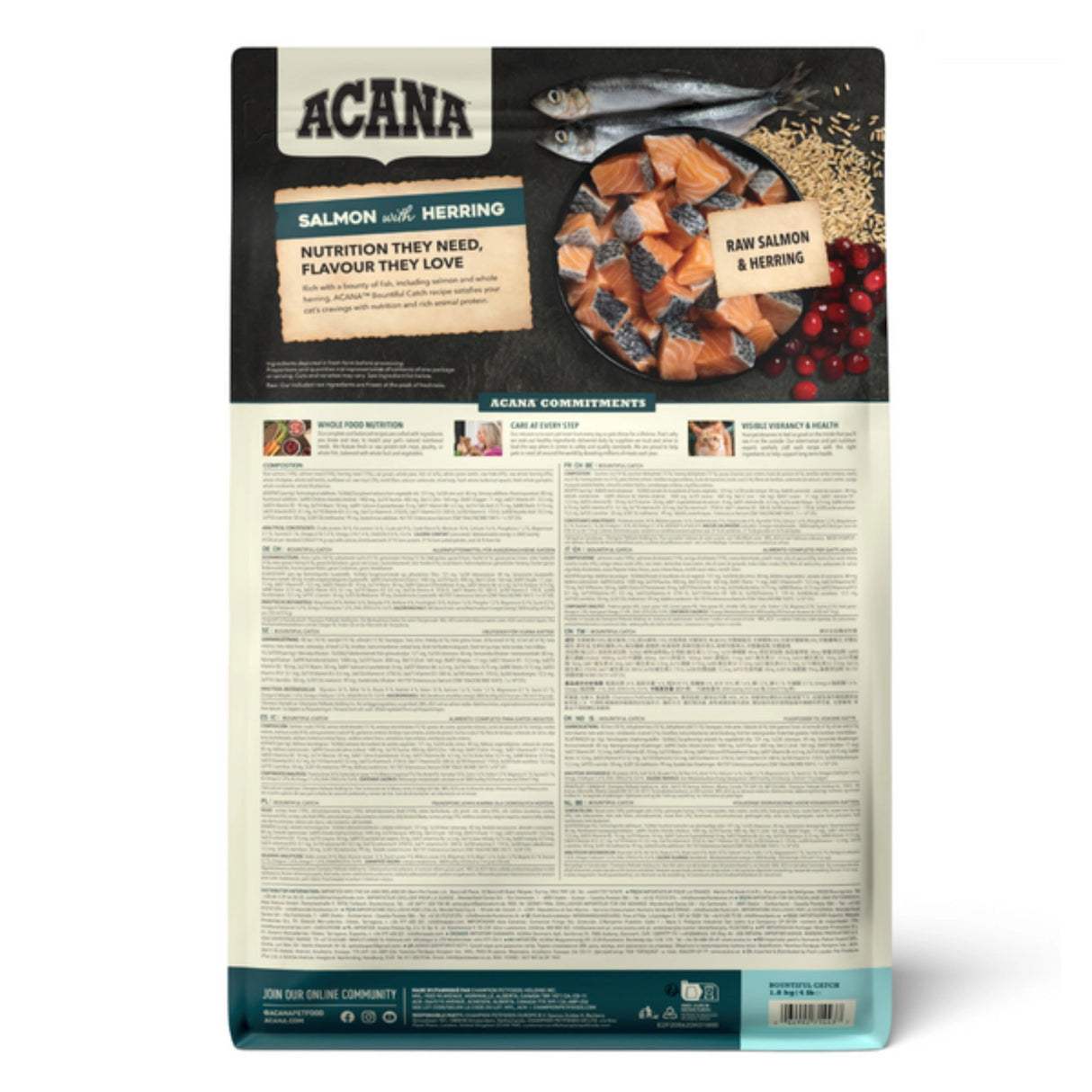 A back view of Acana Bountiful Catch 1.8kg Dry Cat Food on a white background