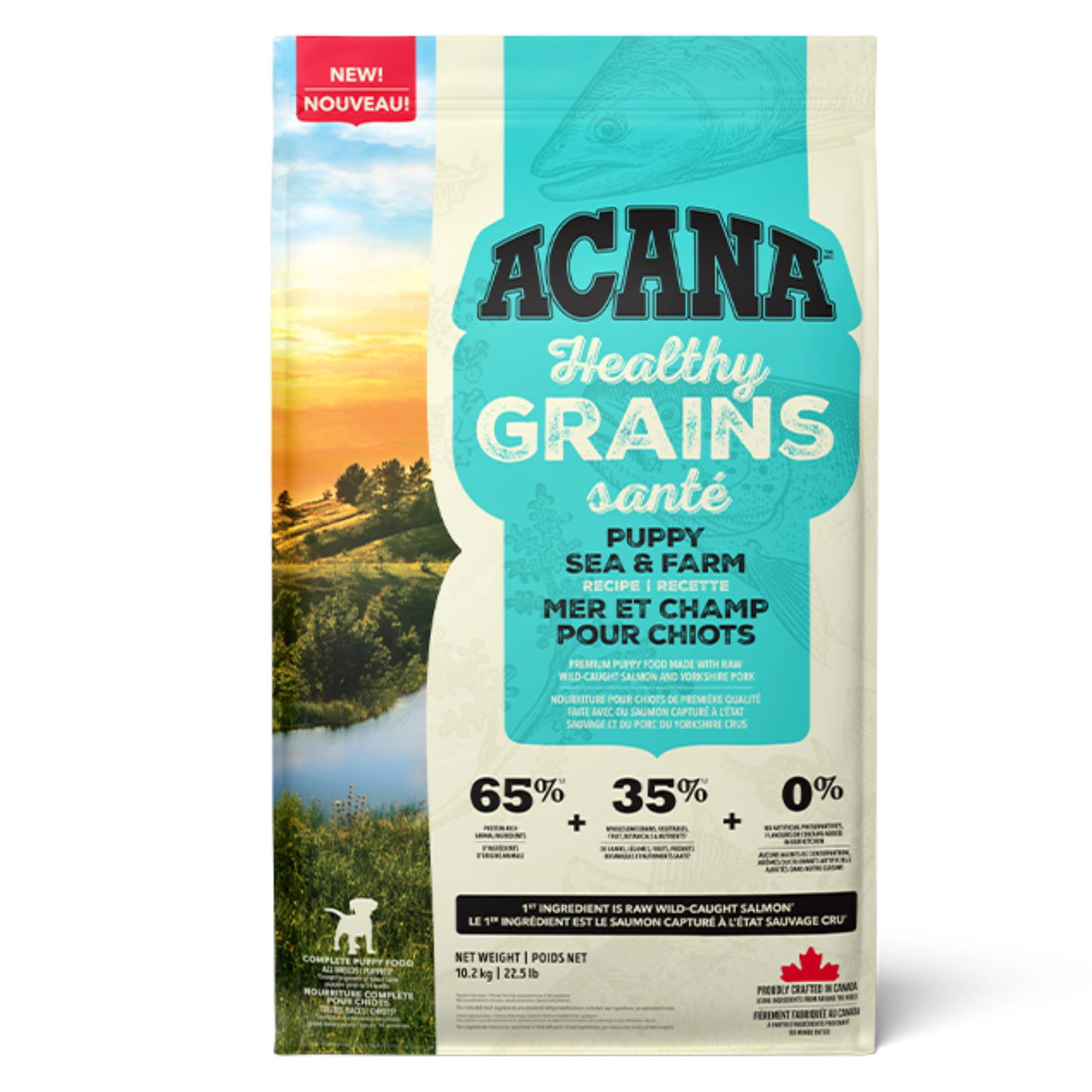 A front view of Acana dry dog food bag, Puppy Sea & Farm Recipe 10.2kg, on a white background
