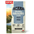 A front view of Acana Healthy Grains Sea to Stream Recipe dry dog food on a white background