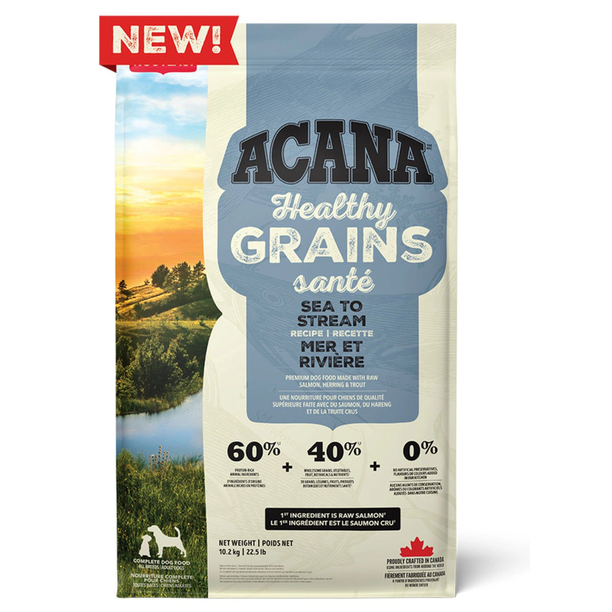 A front view of Acana Healthy Grains Sea to Stream Recipe dry dog food on a white background