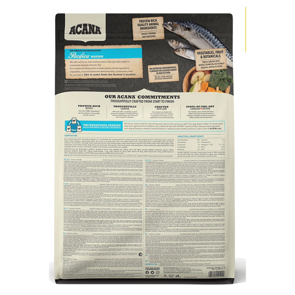 A back view of Acana Pacifica Recipe Dry Dog Food 2kg on a white background