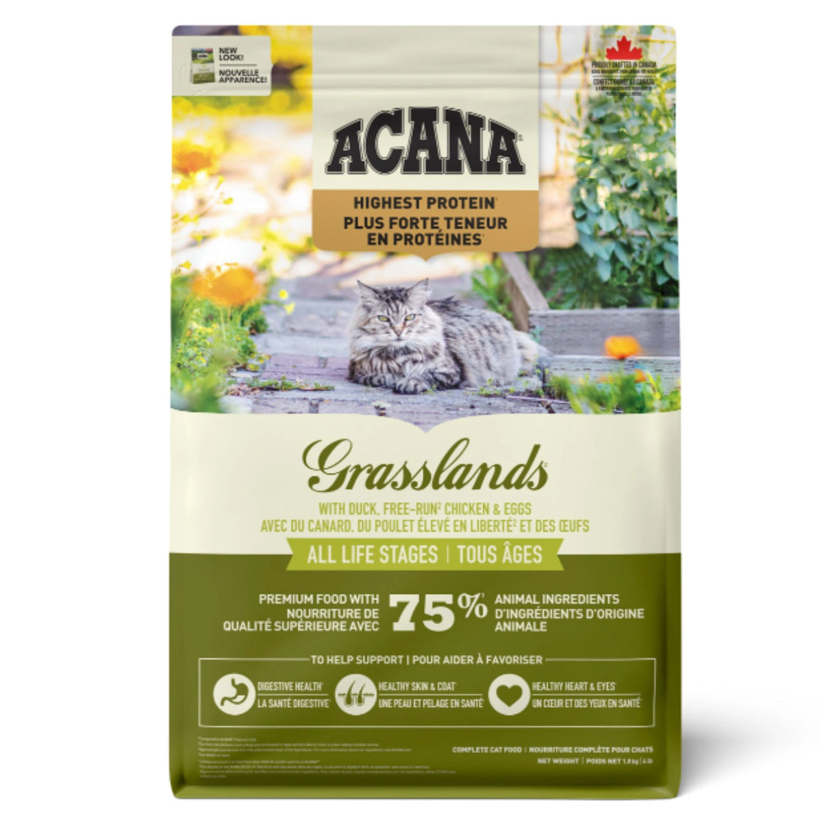 A front view of Acana Highest Protein Grasslands 4.5kg Dry Cat Food on a white background