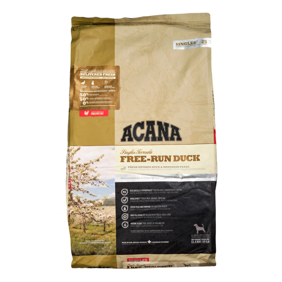 A front view of Acana Singles Limited Ingredient Free Run Duck Dry Dog Food on a white background