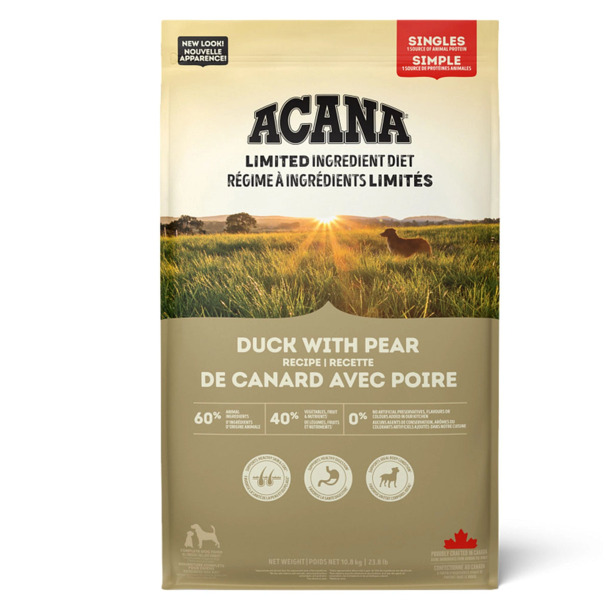 A front view of Acana Singles Limited Ingredients Duck with Pear Dry Dog Food 1.8kg on a white background