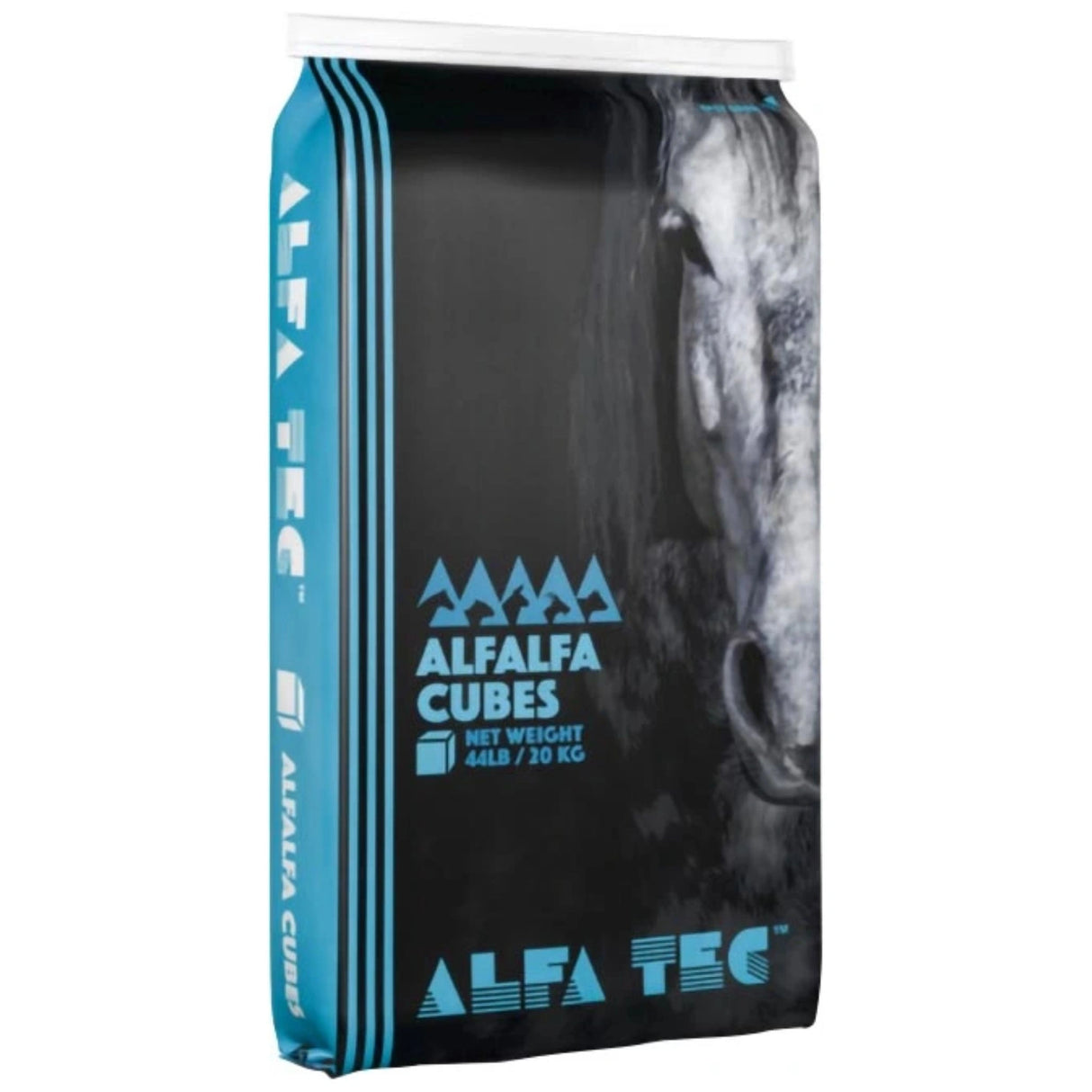 Front side view of Alfa Tec Alfalfa Hay Cubes 50lb bag horse feed on a white background
