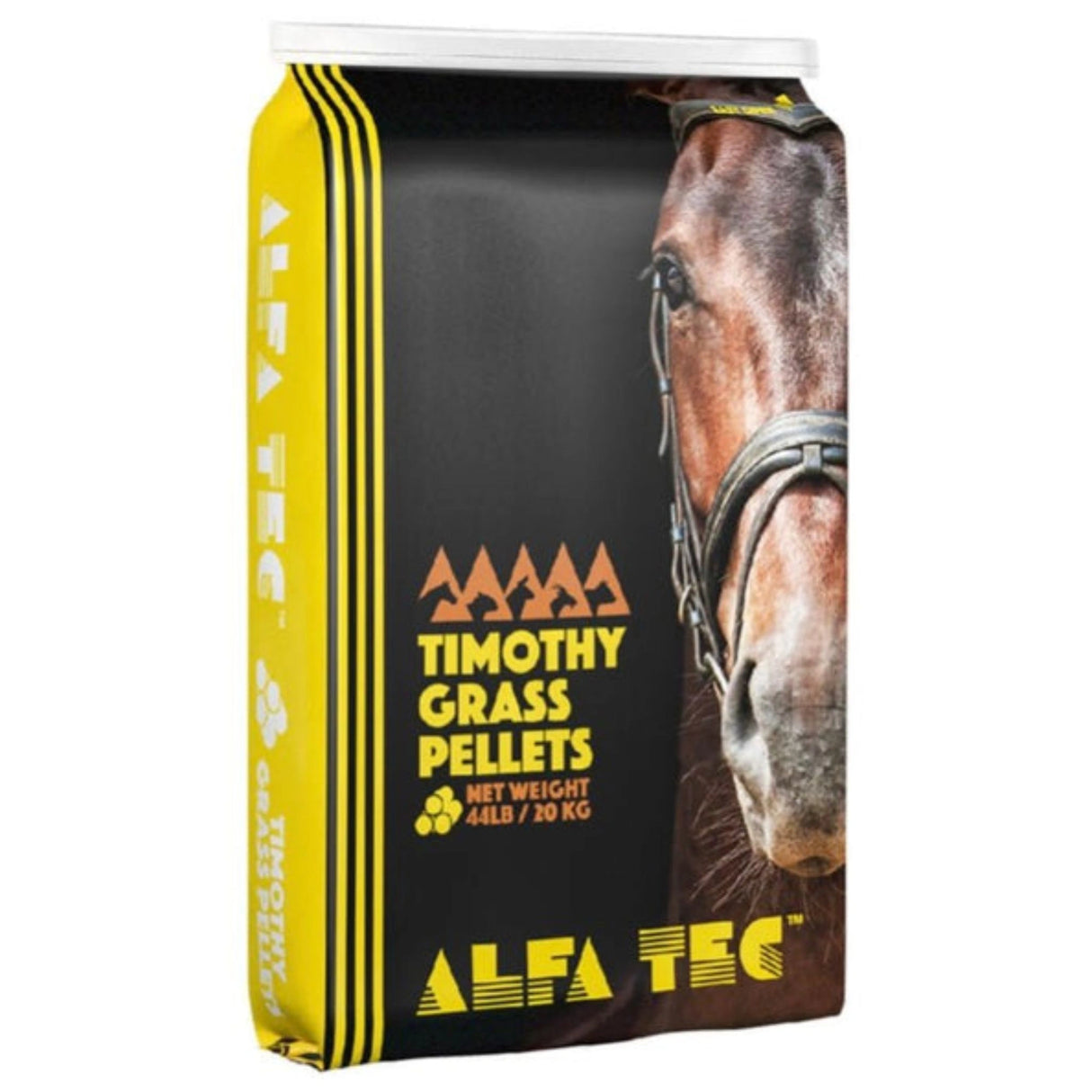 A front view of Alfa Tec Timothy Grass Pellets Protein Supplement Horse Feed on a white background