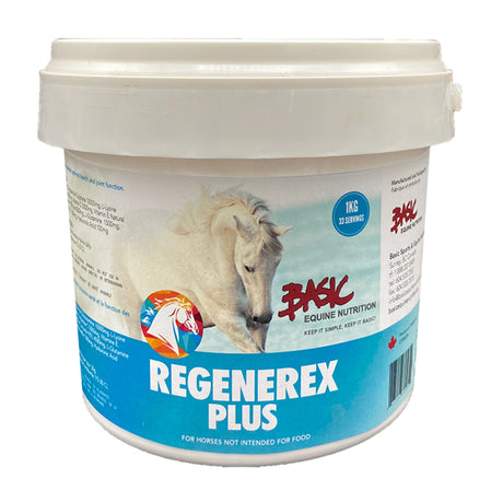 Front view of Basic Equine Regenerex Plus Horse Supplements on a white background