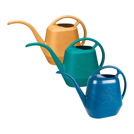 Front view of Bloem Aqua Rite watering can 144oz on a white background in assorted colors