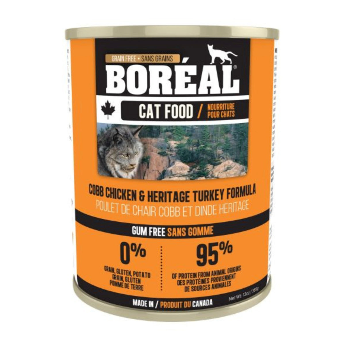 Front view of Boreal Chicken & Turkey Cat Food 369g on a white background