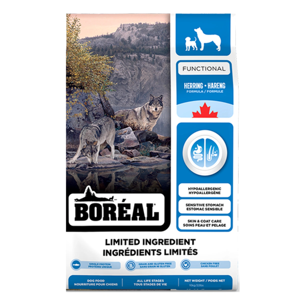 Front view of Boreal Functional LID Herring Dog Food on white background