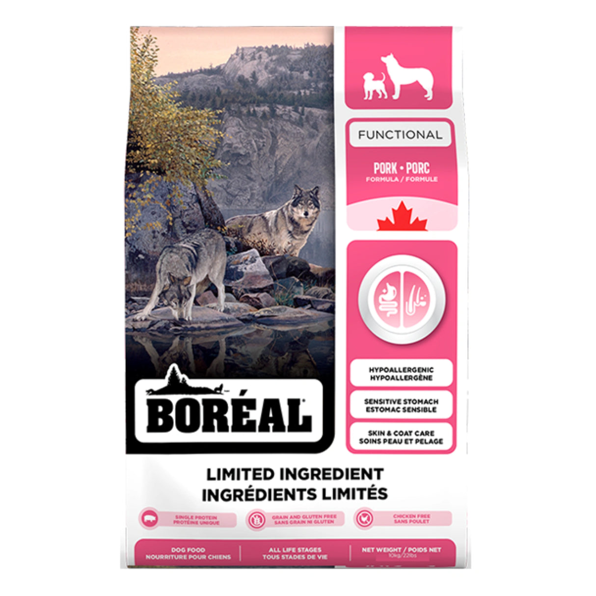A front view of Boreal Functional Limited Ingredient Pork Dog Food on a white background