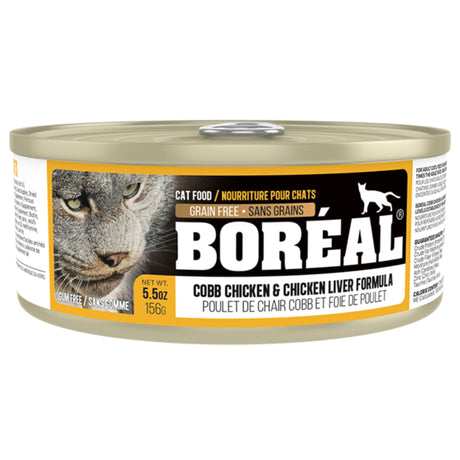 Front view of Boreal grain free chicken cobb and liver cat food can on a white background