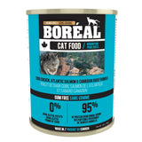 A front view of Boreal Cobb Chicken Atlantic Salmon & Canadian Duck Cat Food on a white background