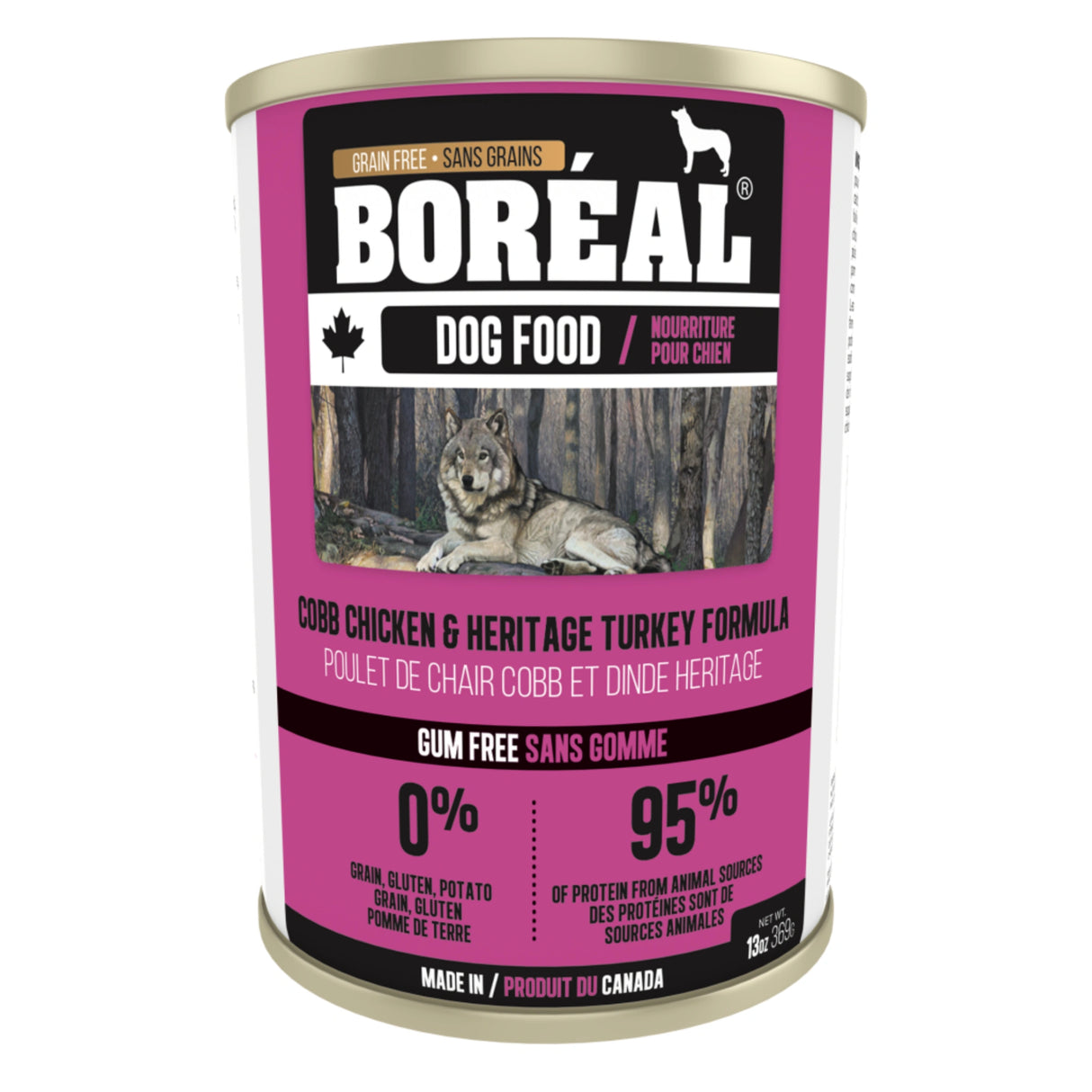 A front view of Boreal Grain Free Cobb Chicken & Turkey Dog Food on a white background
