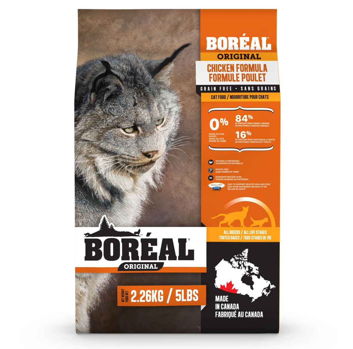 A front view of Boreal Grain Free Fresh Meat Original Chicken Cat Food on a white background