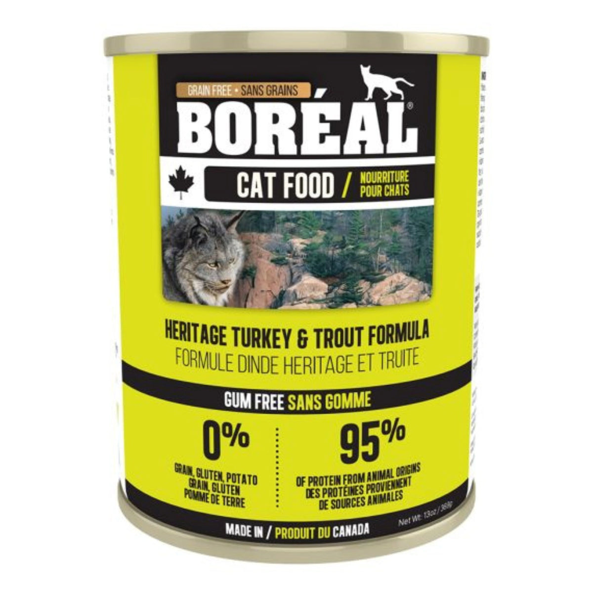 Front view of Boreal Grain-Free Heritage Turkey & Trout Cat Food on a white background