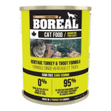 Front view of Boreal Grain-Free Heritage Turkey & Trout Cat Food on a white background