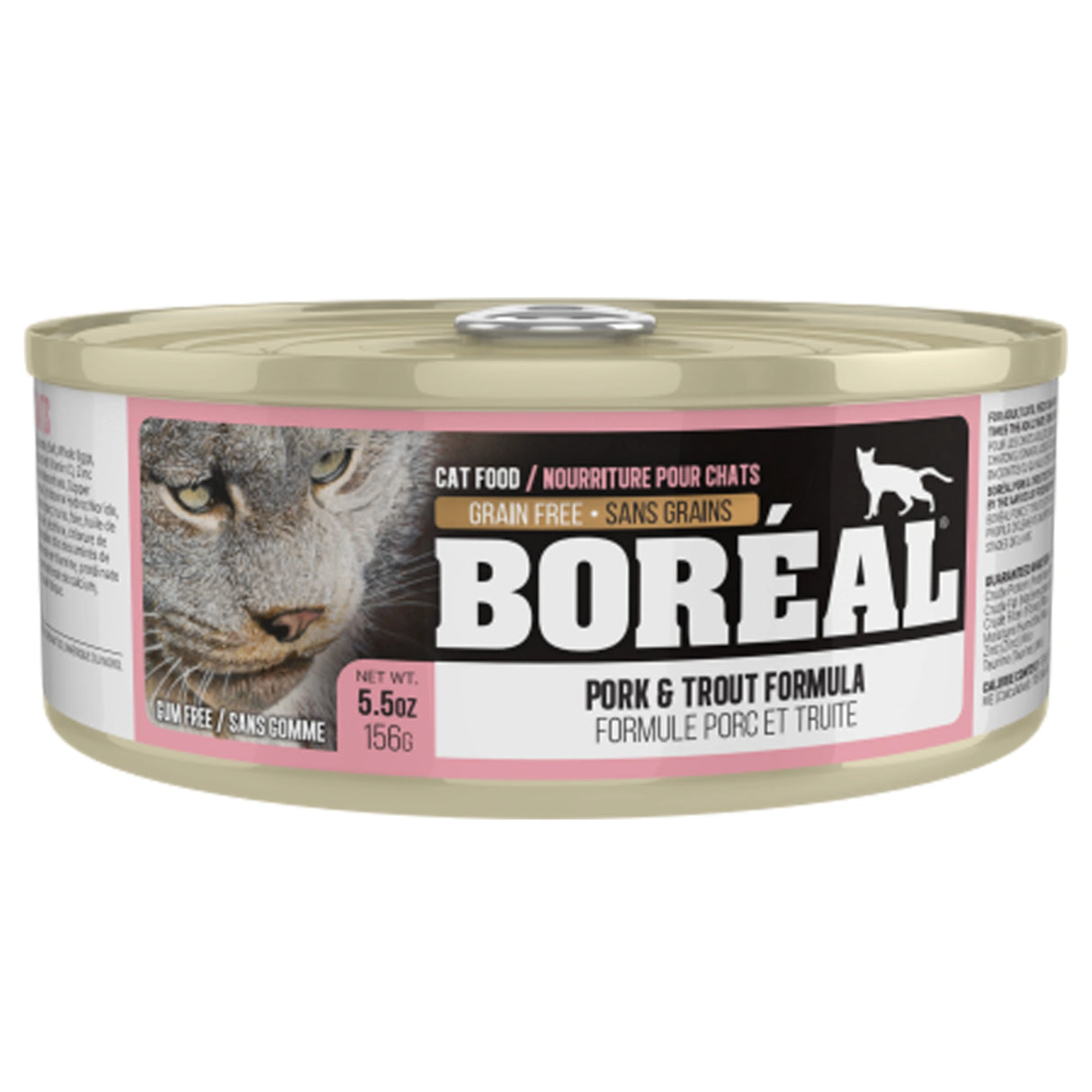 Front view of Boreal Pork and Trout Cat Food on a white background