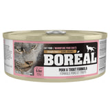 Front view of Boreal Pork and Trout Cat Food on a white background