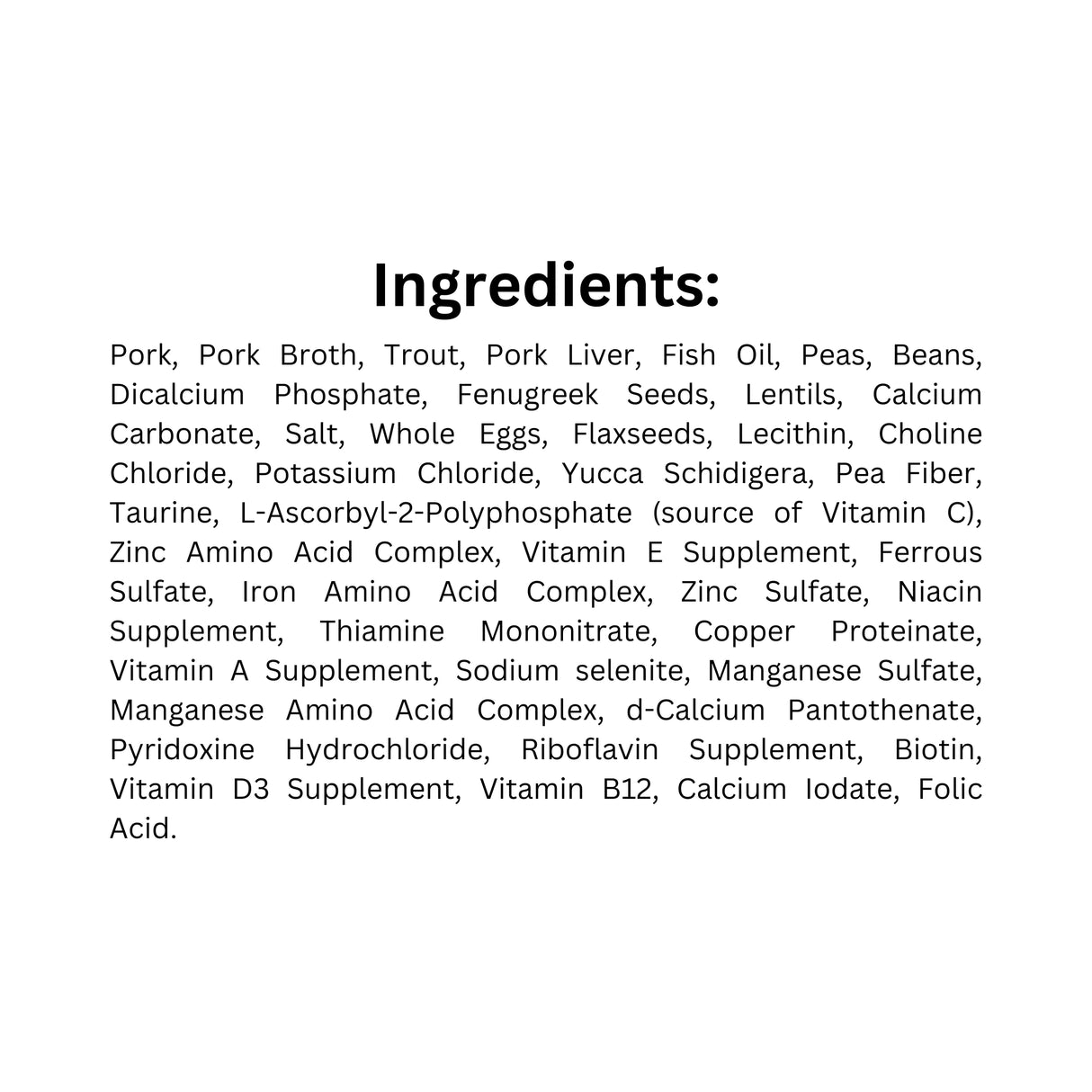 List of ingredients for Boreal Pork and Trout Cat Food