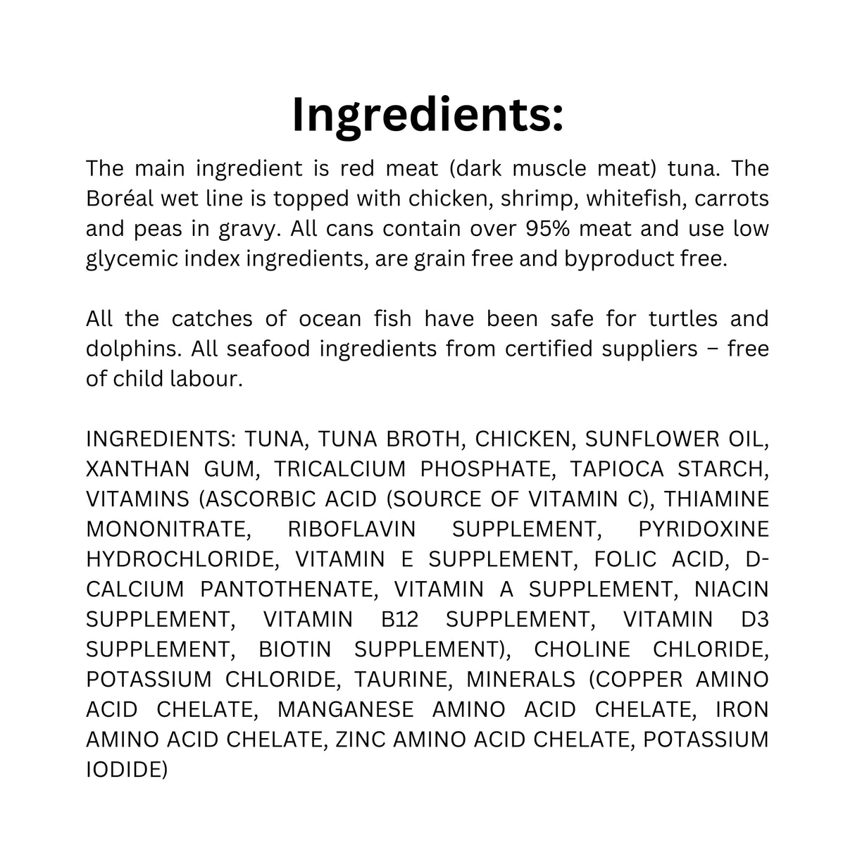 List of ingredients in Boreal cat food