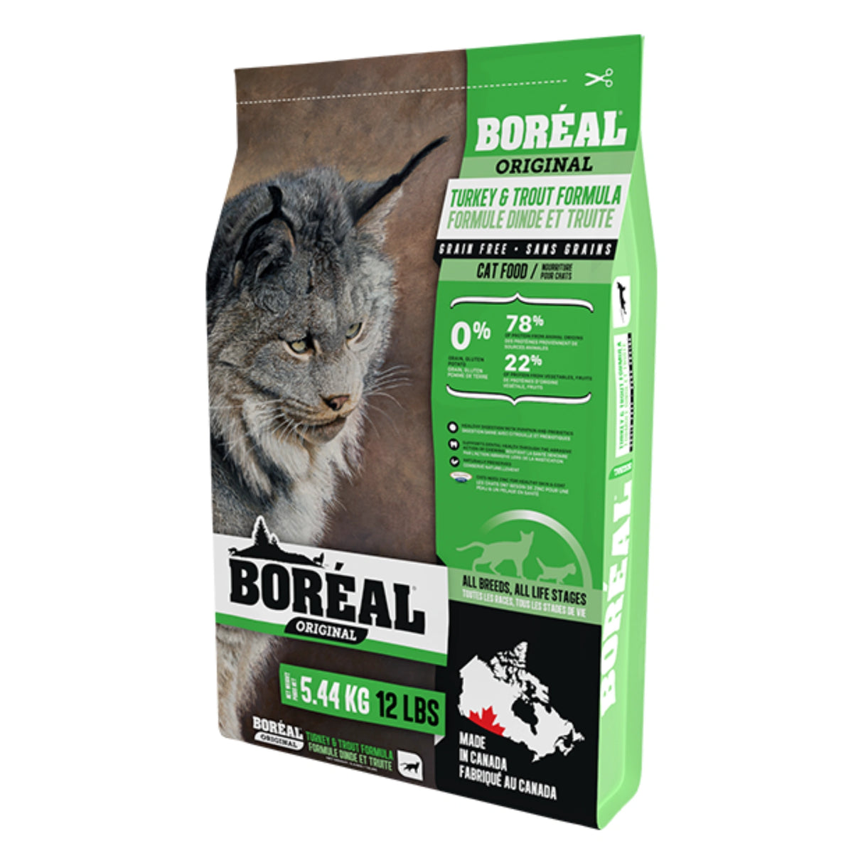 Side view of Boreal Grain Free Turkey & Trout Cat Food packaging on a white background