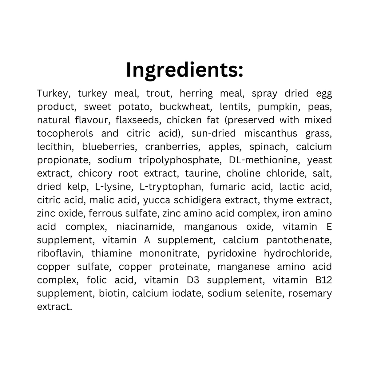 Ingredients list of Boreal Grain Free Turkey & Trout Cat Food