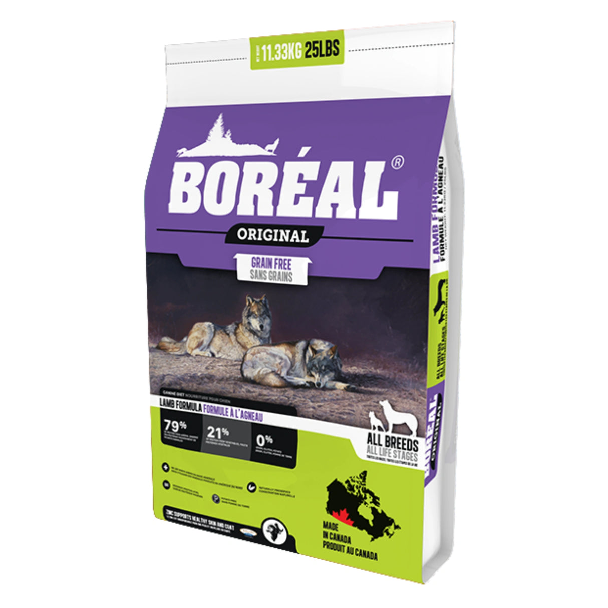Front view of Boreal Original Grain Free Lamb Dog Food bag on a white background