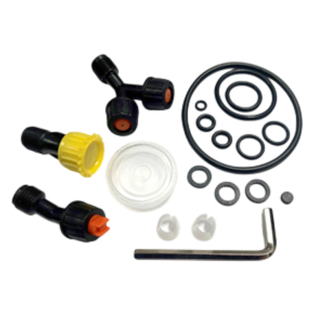 Close-up of Braber Equipment backpack sprayer repair kit components on a white background