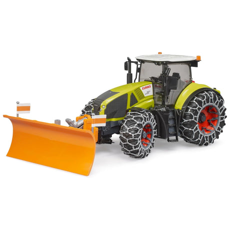 A close-up view of Bruder Claas Axion 950 with Snow Chains Tractor Toy on a white background