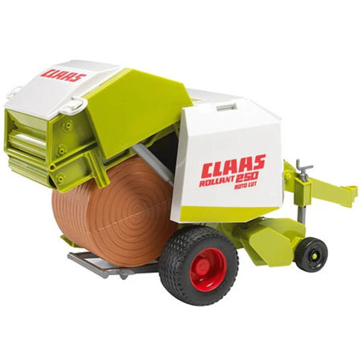 Close-up view of Bruder Claas Rollant 250 Straw Baler farm toy on a white background