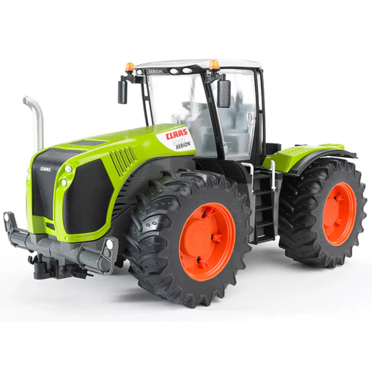 Close-up of Bruder Claas Xerion tractor toy on a white background