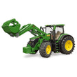 A close-up view of Bruder Front Loader John Deere Toy on a white background