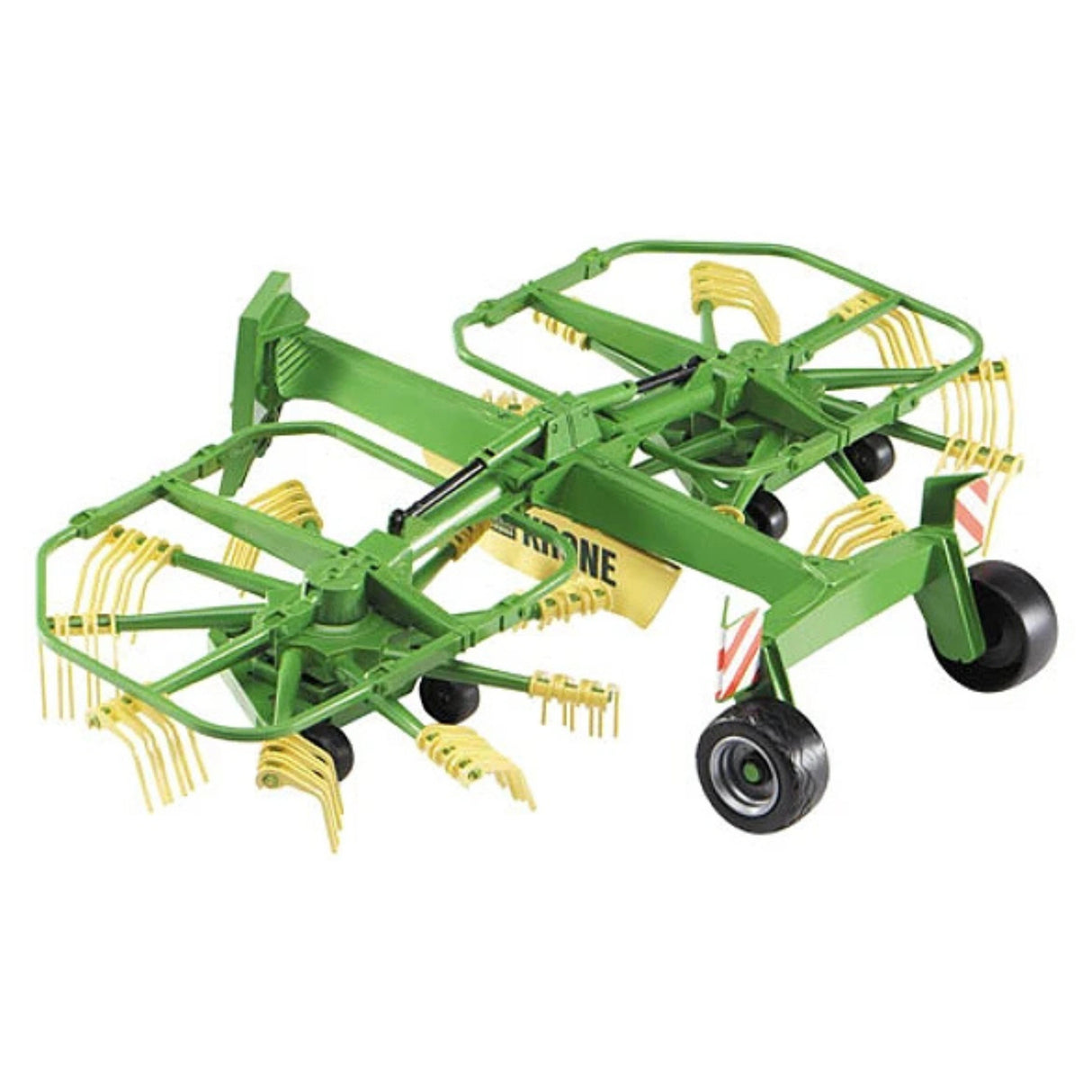 A close-up view of Bruder Krone Dual Rotary Swath Windrower farm toy on a white background