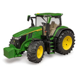 Close-up view of Bruder 7R 350 Tractor John Deere Toy on a white background