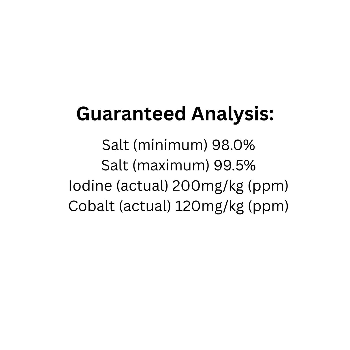 Guaranteed analysis chart of Canadian Agri-Blend Cobalt Iodized Salt with Garlic Horse Feed showing nutritional content