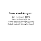 Guaranteed analysis chart of Canadian Agri-Blend Cobalt Iodized Salt with Garlic Horse Feed showing nutritional content