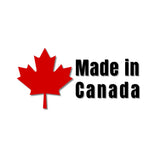 A text with "Made in Canada" with a red maple leaf on a white background