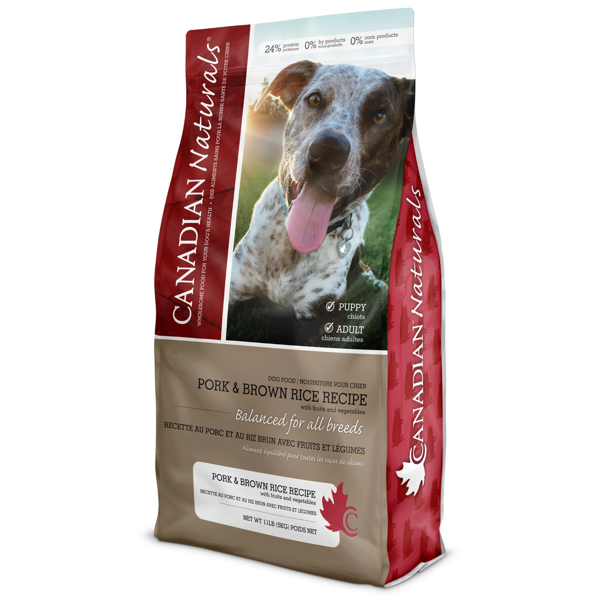 A front view of Canadian Naturals Pork and Brown Rice Recipe Dog Food on a white background