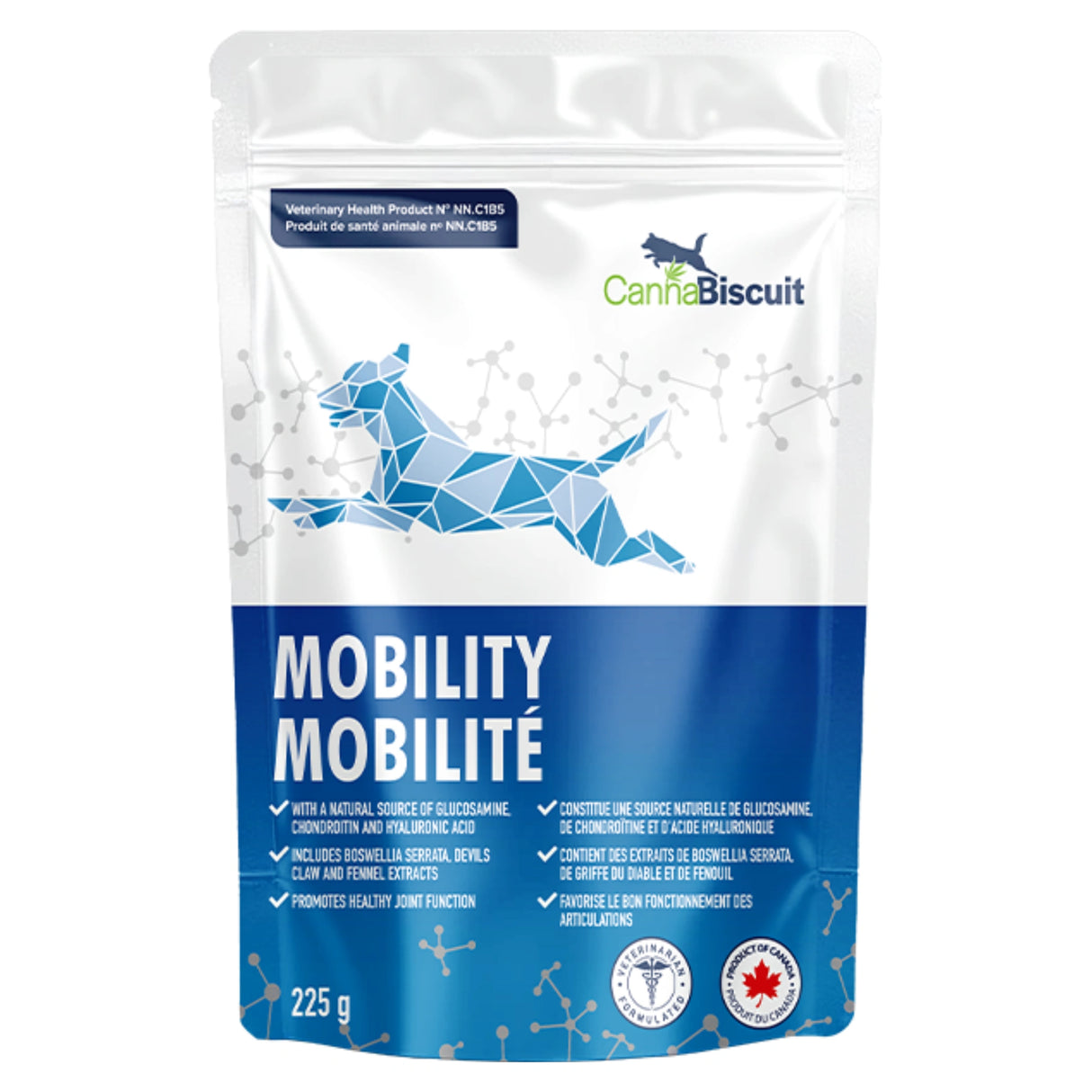 A front view of Cannabiscuit Mobility Dog Treats on a white background