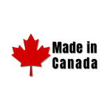 A "Made in Canada" text with a maple leaf on a white background