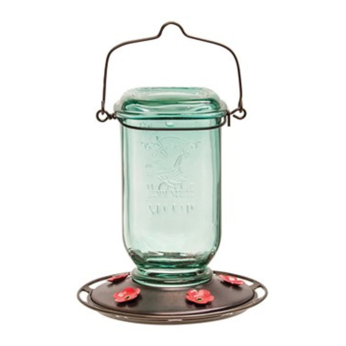 Front view of Classic Brands Mason Jar Glass Hummingbird Feeder on white background